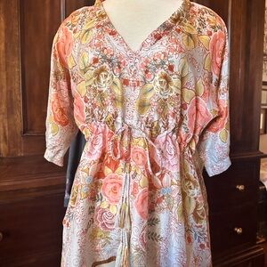 Johnny Was Pink and Cream Floral Silk Blouse